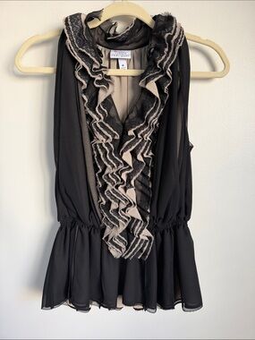Robert Rodriguez for Target Black and Tan Ruffle Trim Short Sleeve Lace Blouse